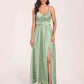 Satin Spaghetti Straps A-line Prom Dresses Side Slit Floor Length