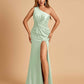 Unique Satin One Shoulder Sheath Bridesmaid Dresses Open Back Side Slit Floor Length