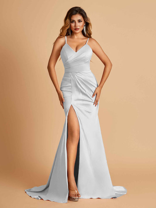 Sexy Mermaid Bridesmaid Dresses Spaghetti Straps Satin Side Slit Pleats Floor Length