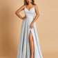Satin A-line Long Prom Dresses Spaghetti Straps V-neck Side Slit Floor Length
