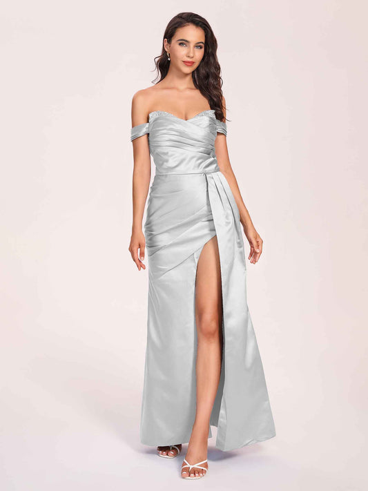 Elegant Satin Off Shoulder Bridesmaid Dresses Side-slit Sweetheart Floor Length Sheath