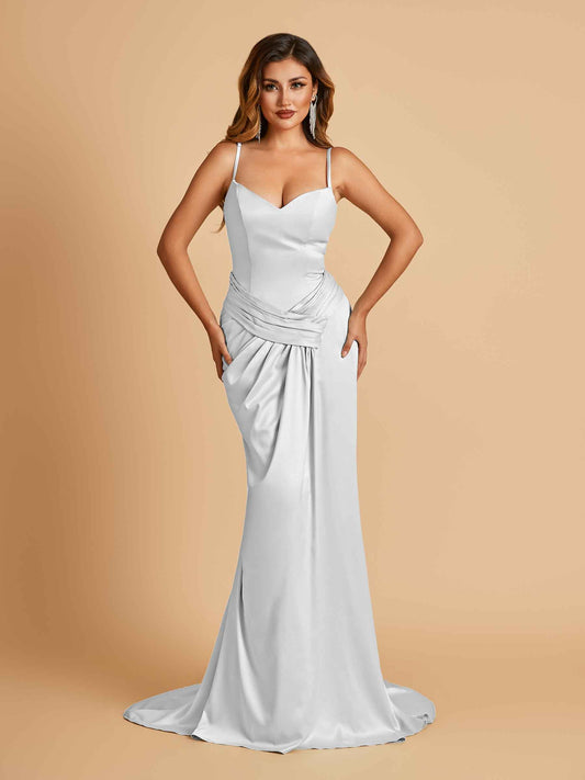 Satin Mermaid Sweetheart Bridesmaid Dresses Spaghetti Straps With Pleats Floor Length