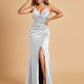Sexy Satin Sheath Prom Dresses Spaghetti Straps V-neck Side Slit Pleats Floor Length