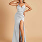 Satin Spaghetti Straps Long Prom Dresses V-neck Side Slit Criss-cross Back Sheath