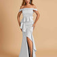 Satin Mermaid Off Shoulder Bridesmaid Dresses With Ruffles Side Slit Floor Length