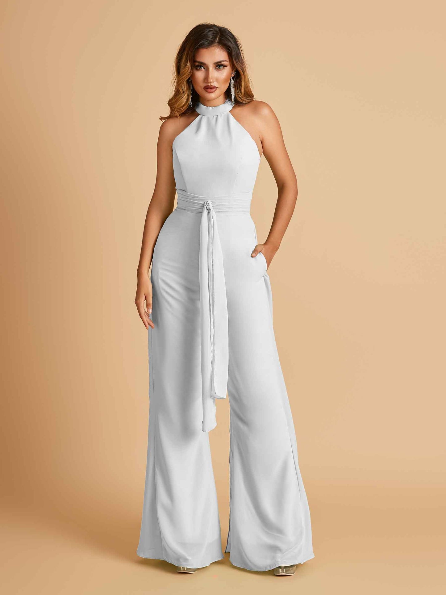 Chiffon Bridesmaid Jumpsuit Jewel Neck Sleeveless Floor Length With Pockets