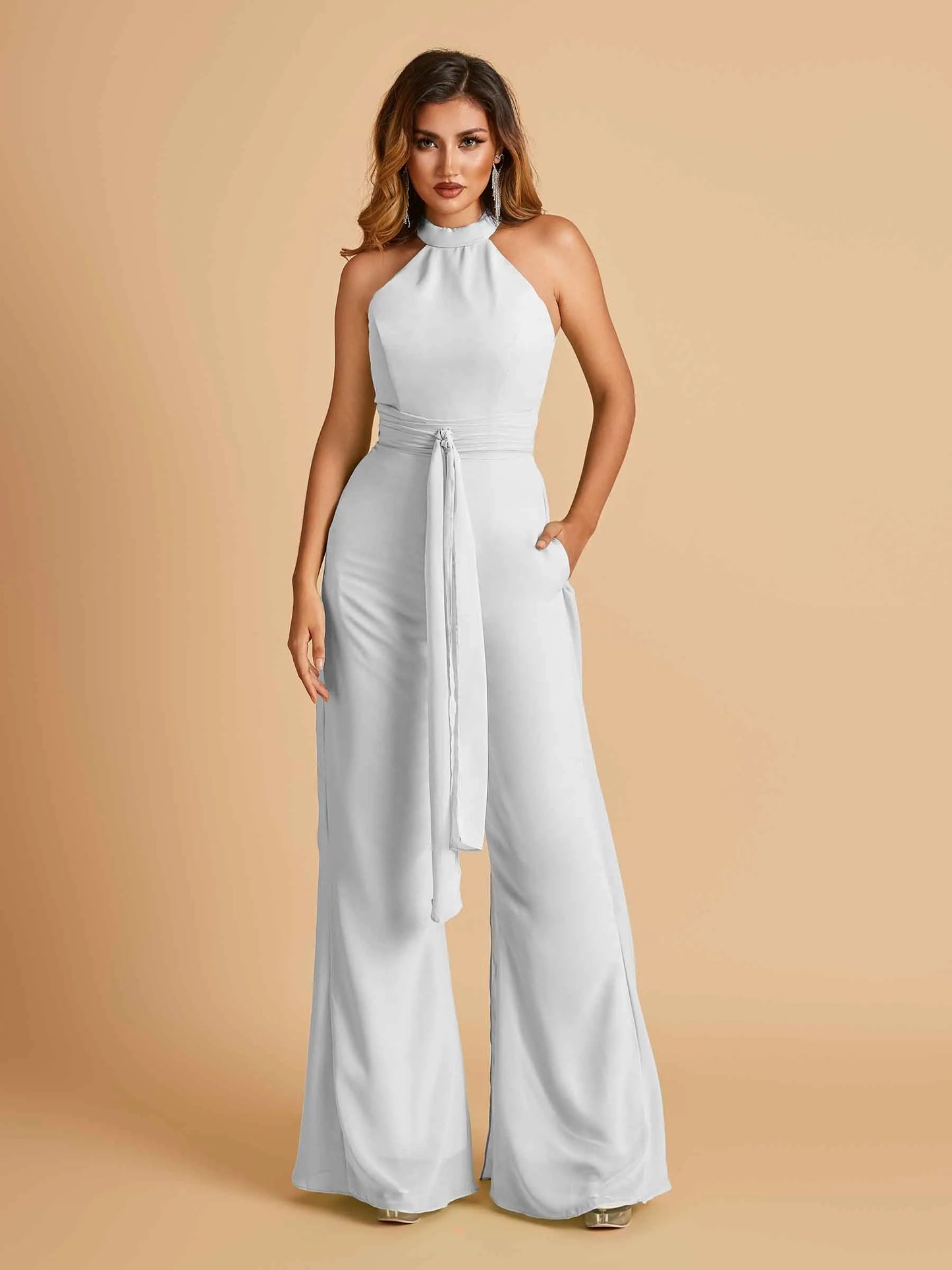 Chiffon Bridesmaid Jumpsuit Jewel Neck Sleeveless Floor Length With Pockets For Sale