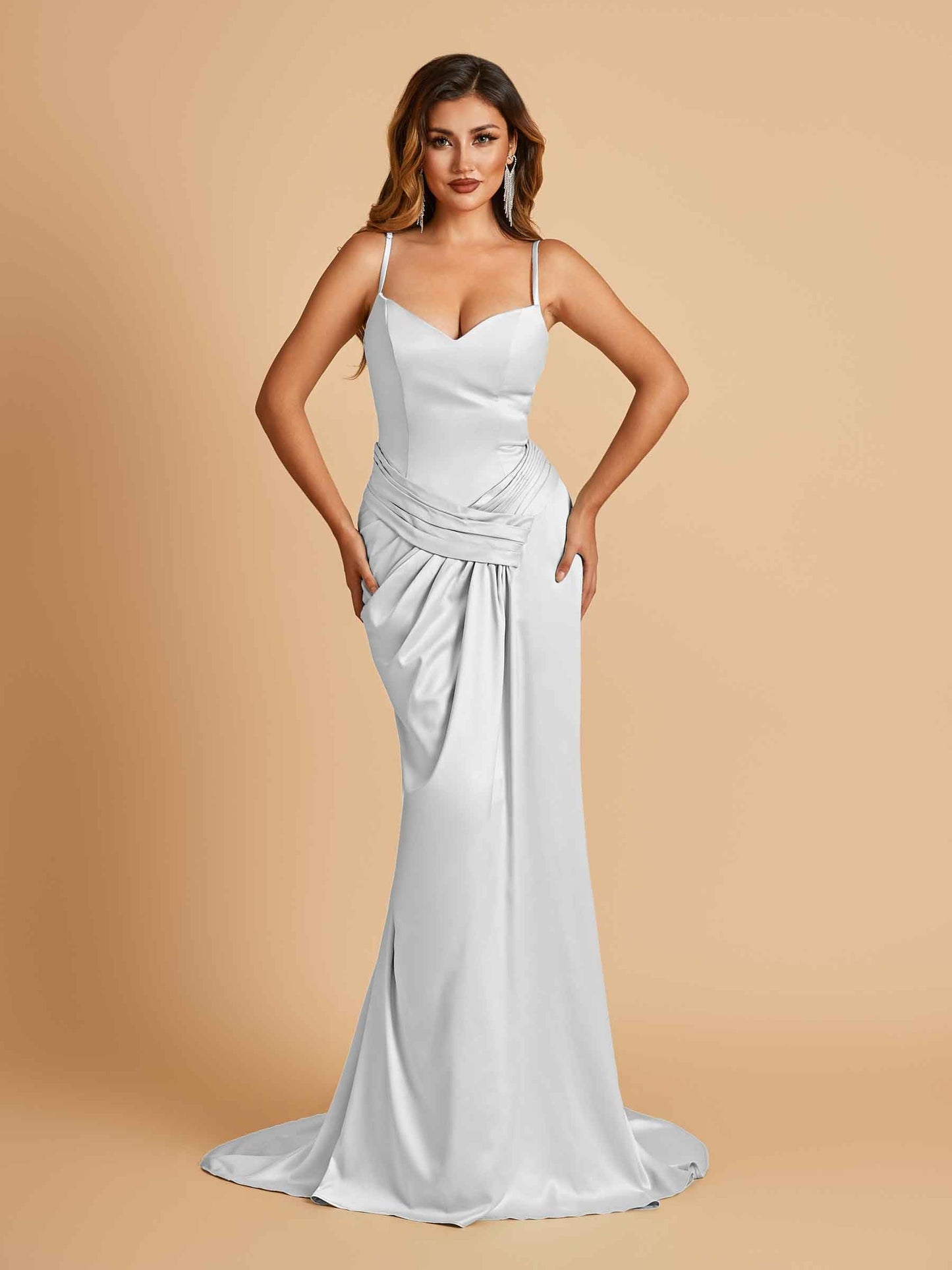 Satin Mermaid Sweetheart Prom Dresses Spaghetti Straps With Pleats Floor Length
