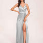 Sexy Satin A-line Prom Dresses Spaghetti Straps Side Slit V-neck Floor Length
