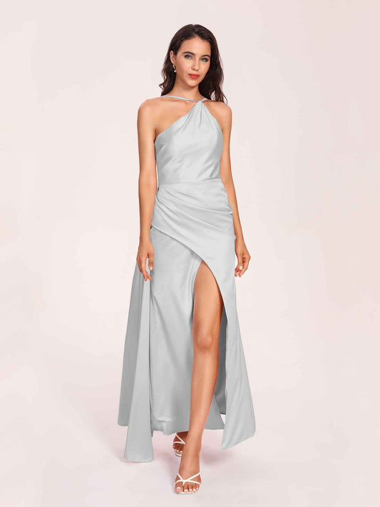 Sexy Satin Halter Strap Sheath Bridesmaid Dresses Side Slit Pleats Floor Length