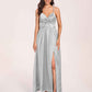 Satin Spaghetti Straps A-line Bridesmaid Dresses Side Slit Floor Length