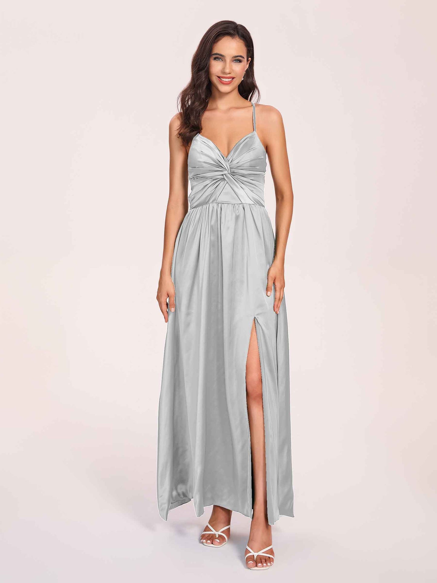 Satin Spaghetti Straps A-line Bridesmaid Dresses Side Slit Floor Length