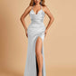 Sexy Satin Halter Straps Sheath Prom Dresses Side Slit Pleats Floor Length