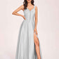 Satin V-neck A-line Prom Dresses Side slit Floor Length