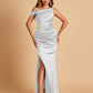 Unique Satin One Shoulder Prom Dresses Side Slit Half Open Back Floor Length