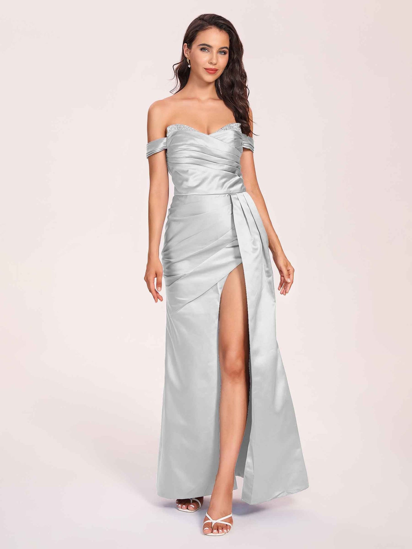 Elegant Satin Off Shoulder Prom Dresses Side-slit Sweetheart Floor Length Sheath