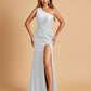 Unique Satin One Shoulder Sheath Bridesmaid Dresses Open Back Side Slit Floor Length