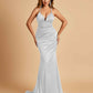 Satin Mermaid Open-back Prom Dresses Spaghetti Straps V-neck With Pleats Floor Length