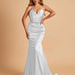 Sexy Satin Mermaid Prom Dresses Spaghetti Straps V-neck Pleats Floor Length