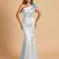 Satin One-shoulder Bridesmaid Dresses Ruffle Sleeves Mermaid Floor Length For Sale