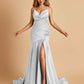 Sexy Satin Mermaid Open Back Prom Dresses Spaghetti Straps V-neck Side Slit