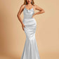 Satin Mermaid Open Back Bridesmaid Dresses Spaghetti Straps Scoop Floor Length