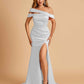 Unique Satin Mermaid Prom Dresses With Off Shoulder Straps Side Slit Floor Length