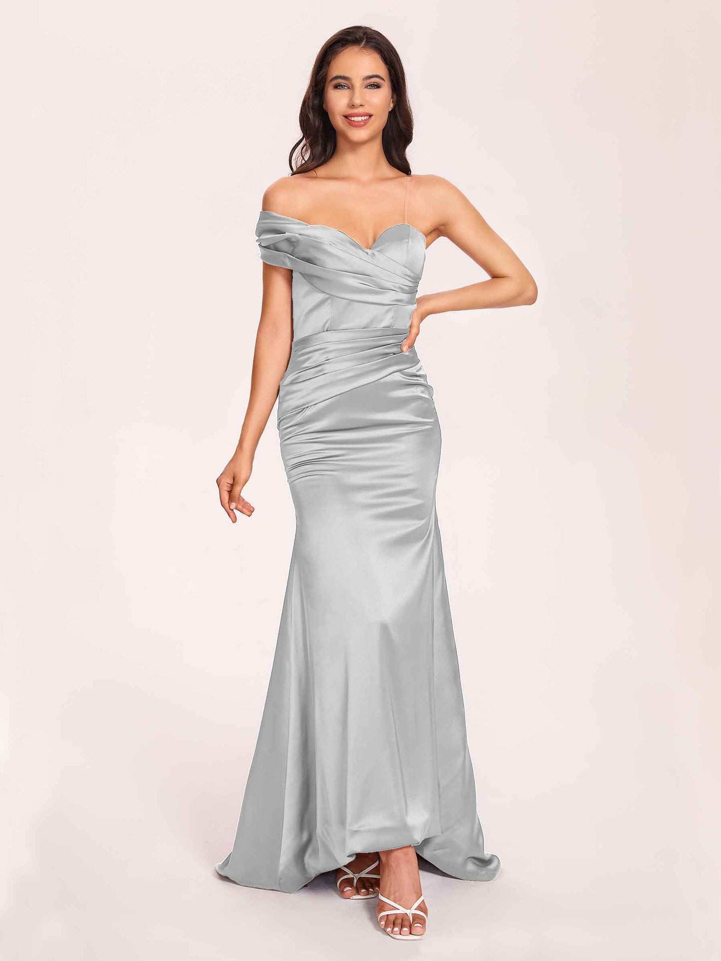 Satin One-shoulder Bridesmaid Dresses Pleats Floor Length Mermaid Long