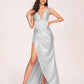 Satin Spaghetti Straps Corset Bridesmaid Dresses Pleats Side-Slit Sheath Floor Length