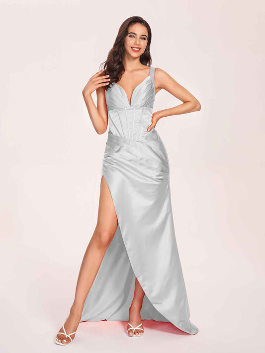 Satin Spaghetti Straps Corset Bridesmaid Dresses Pleats Side-Slit Sheath Floor Length