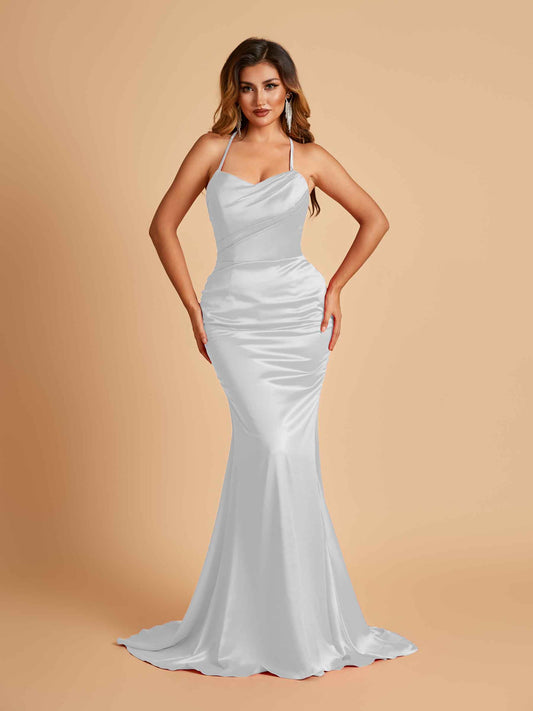 Sexy Satin Mermaid Bridesmaid Dresses Spaghetti Straps Scoop Criss-cross Back