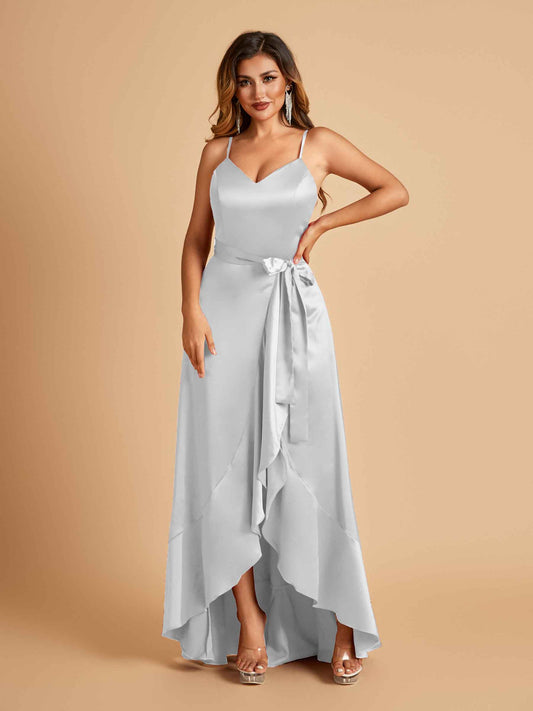 Satin Asymmetric V-neck Bridesmaid Dresses Sleeveless Side Slit A-line Unique