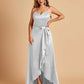 Satin Asymmetric V-neck Bridesmaid Dresses Sleeveless Side Slit A-line Unique For Sale