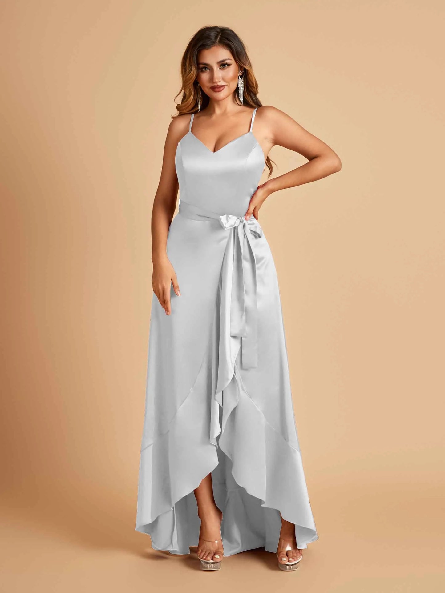 Satin Asymmetric V-neck Bridesmaid Dresses Sleeveless Side Slit A-line Unique For Sale