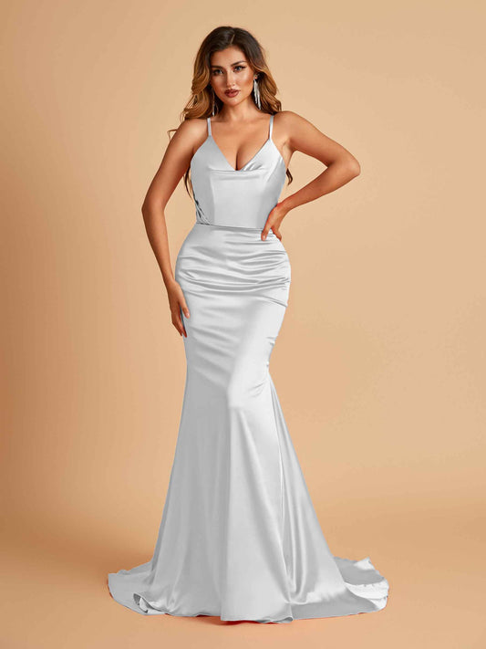 Sexy Satin Mermaid Bridesmaid Dresses Spaghetti Straps V-neck Pleats Floor Length