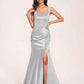 Sexy Satin Square Mermaid Prom Dresses Pleats Side-Slit Floor-Length Sleeveless