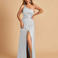 Satin One Shoulder Sheath Prom Dresses Spaghetti Straps Side Slit Floor Length