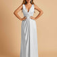 Sexy Satin Deep V-neck Long Bridesmaid Dresses A-line Pleats Sleeveless Floor Length