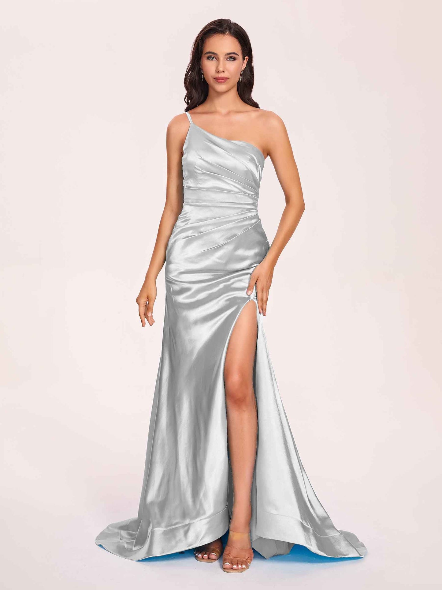 Satin One-shoulder Mermaid Prom Dresses Side Slit Pleats Floor Length