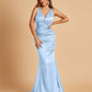 Sexy Satin Criss-cross Back Bridesmaid Dresses Mermaid Deep V-neck Back Pleats Floor Length