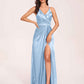 Sexy Satin A-line Prom Dresses Spaghetti Straps Side Slit V-neck Floor Length