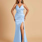 Sexy Satin Mermaid Long Prom Dresses Spaghetti Straps Sweetheart Side Slit Criss-cross Back