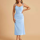 Sexy Satin Midi Prom Dresses Spaghetti Straps Slip Scoop Side Slit