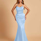 Sexy Satin Mermaid Bridesmaid Dresses Spaghetti Straps Scoop Criss-cross Back