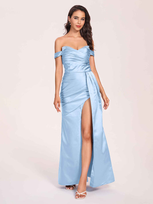 Elegant Satin Off Shoulder Bridesmaid Dresses Side-slit Sweetheart Floor Length Sheath