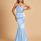Satin Mermaid Open Back Prom Dresses Spaghetti Straps Scoop Floor Length