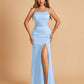 Satin Mermaid Long Bridesmaid Dresses Spaghetti Straps Scoop Side Slit Criss-cross Back