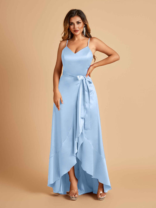 Satin Asymmetric V-neck Prom Dresses Sleeveless Side Slit A-line Unique