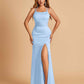 Satin Mermaid Long Prom Dresses Spaghetti Straps Scoop Side Slit Criss-cross Back