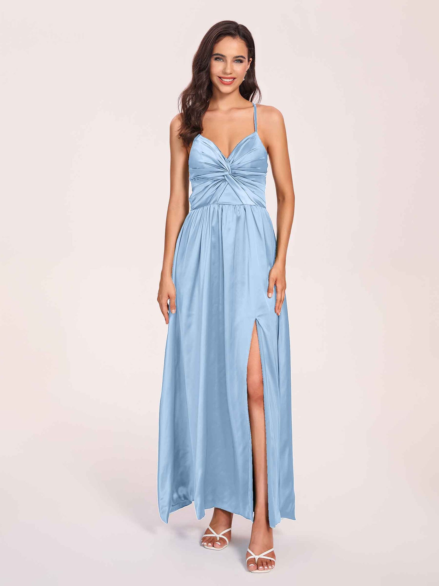 Satin Spaghetti Straps A-line Bridesmaid Dresses Side Slit Floor Length